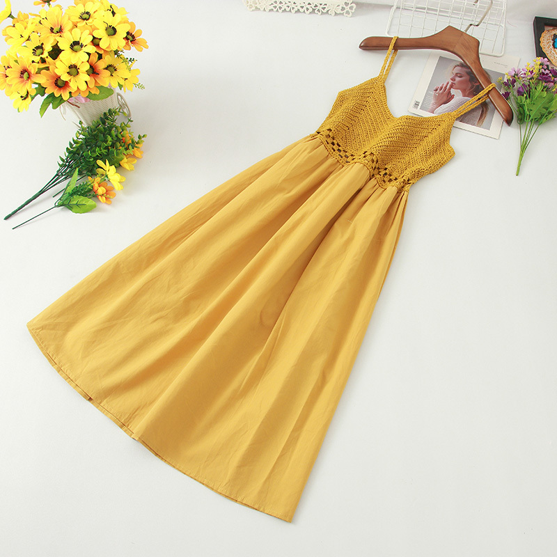 Summer Spaghetti Strap Dress Women Sexy Sleeveless Crochet Hollow Out Vestidos Beach A-line Dresses High Waist 26030 210519