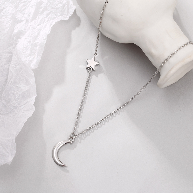 Stainless Steel Delicate Forever Love Heart and Moon Star Through Pendant Womens Necklace Available in Gold Silver tones