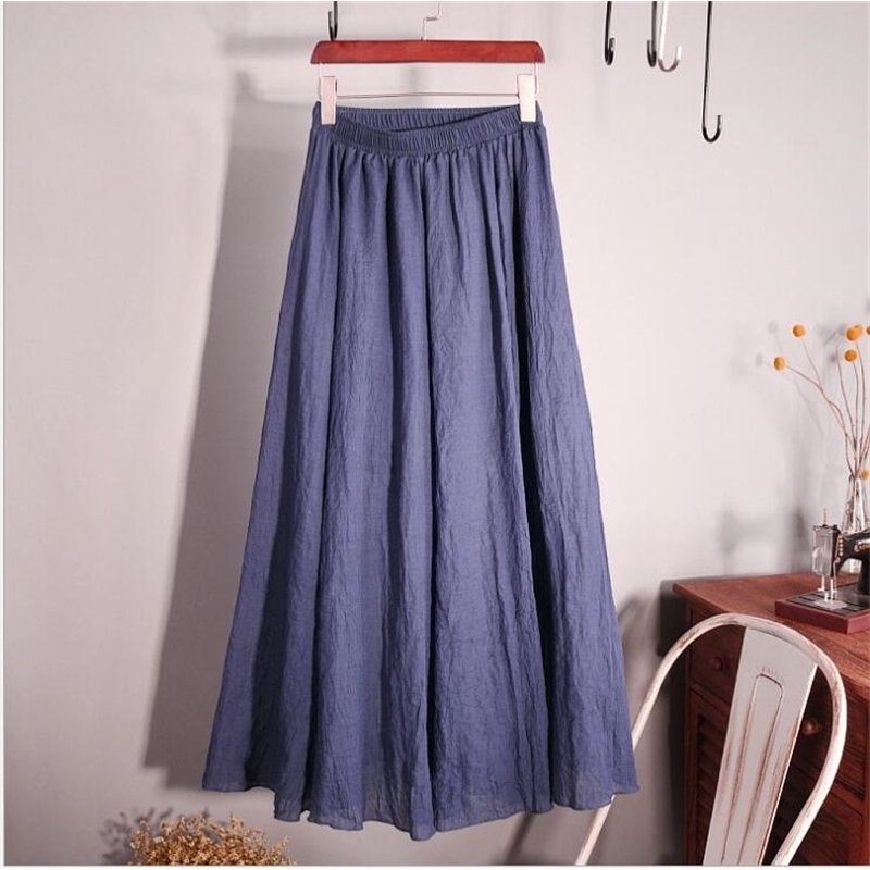 Cotton Linen Maxi Skirt Women Spring Summer Elastic Waist Vintage Solid Pleated Long Skirts Mori Girl Boho Beach Skirt QH1755 210407