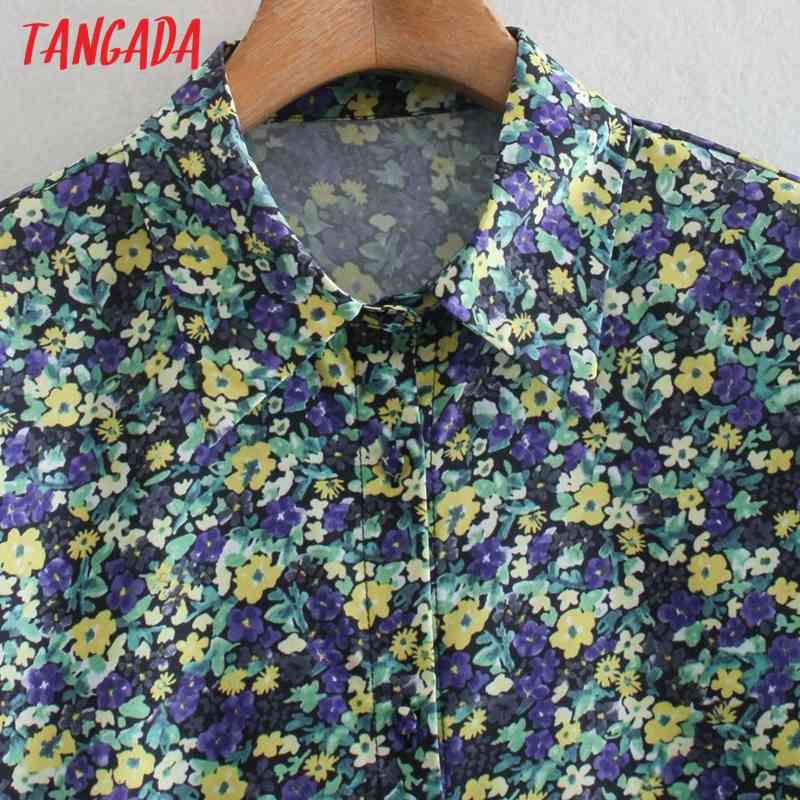 Women Retro Green Flowers Print Chiffon Shirt Blouse Long Sleeve Chic Female Tops XN301 210416