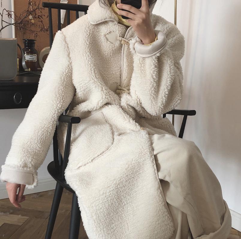 Women's Fur & Faux Winter Milky White Lamb Wool Coat Thick Lapel Long Plush Women Jacket