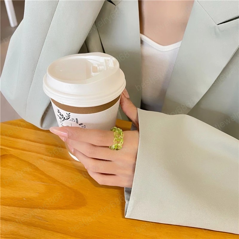 Korean Individual Retro Color Resin Acrylic Geometric Chain Rings for Women Party Jewelry