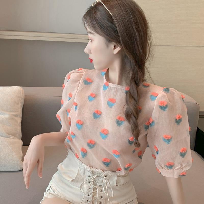 Pink Blusas Women Tops Spring Summer Puff Sleeve Floral Patch Korean Kawaii Blouses Slim Fashion Shirts Vintage 210519