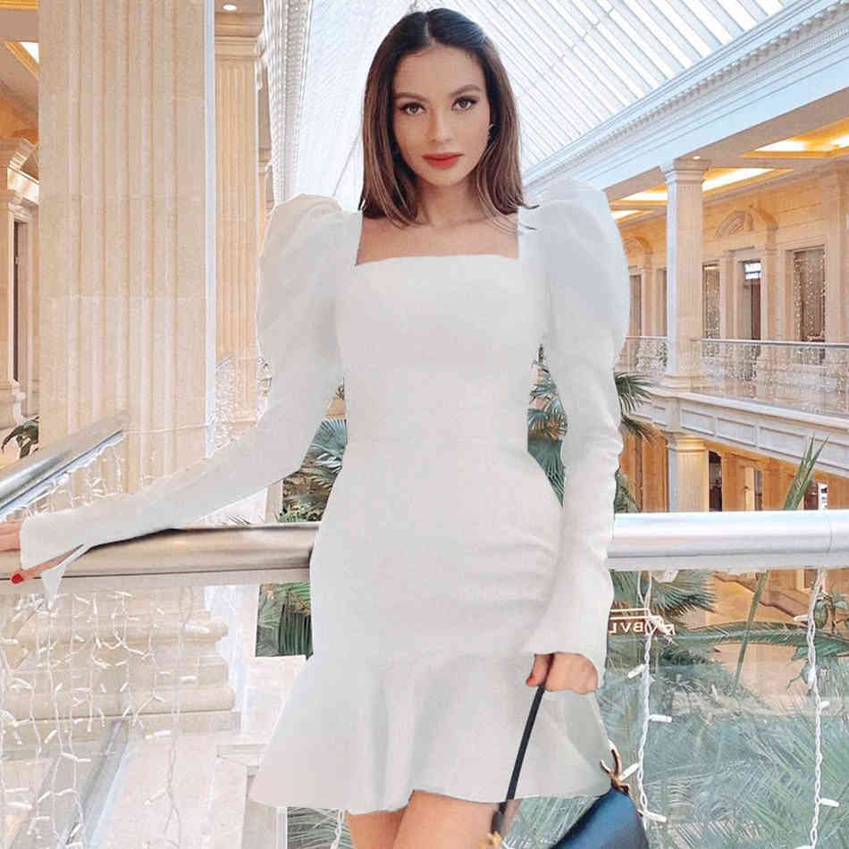 Summer Women Black Ruffles Mini Bodycon Bandage Dress Sexy Long Puff Sleeve Wrap Lady Evening Club Party Dresses 210423