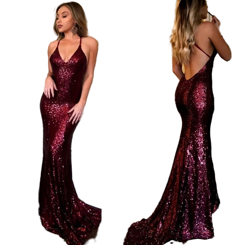 Sparkle Spaghetti Burgundy Mermaid Prom Dresses New Deep V Neck Cross Back Long Party Gowns Sexy Backless Sequined Dresses Evening Wear