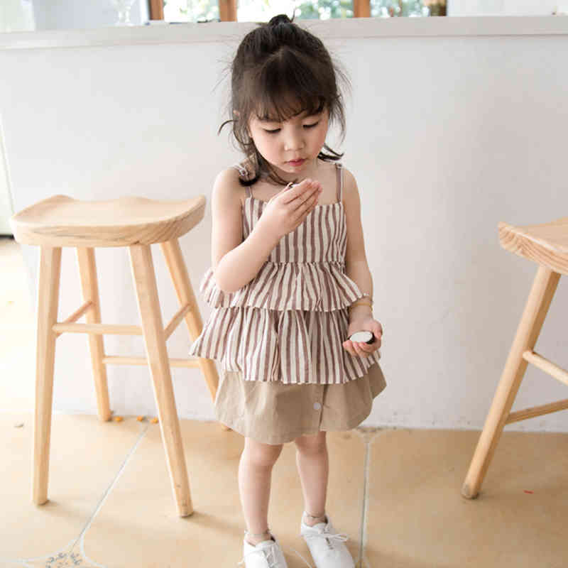 Girls Set Summer Style Children's Clothes Outfits Striped Tops + Button Skirt Pants 2Pcs Kid Sets 210515