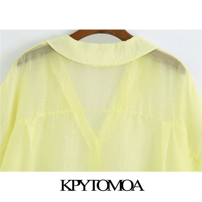 Women Sexy Fashion See Through Organza Loose Blouses Side Vents Button-up Female Shirts Chic Tops 210420