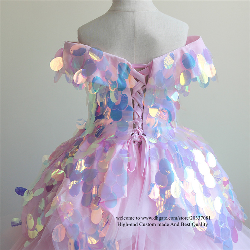 2021 Pretty Princess Pink Sequins Bateau Flower Girl Dresses Hi-Lo Tulle Lace Up Girls Pageant Gown Communion For Wedding Formal Party F09
