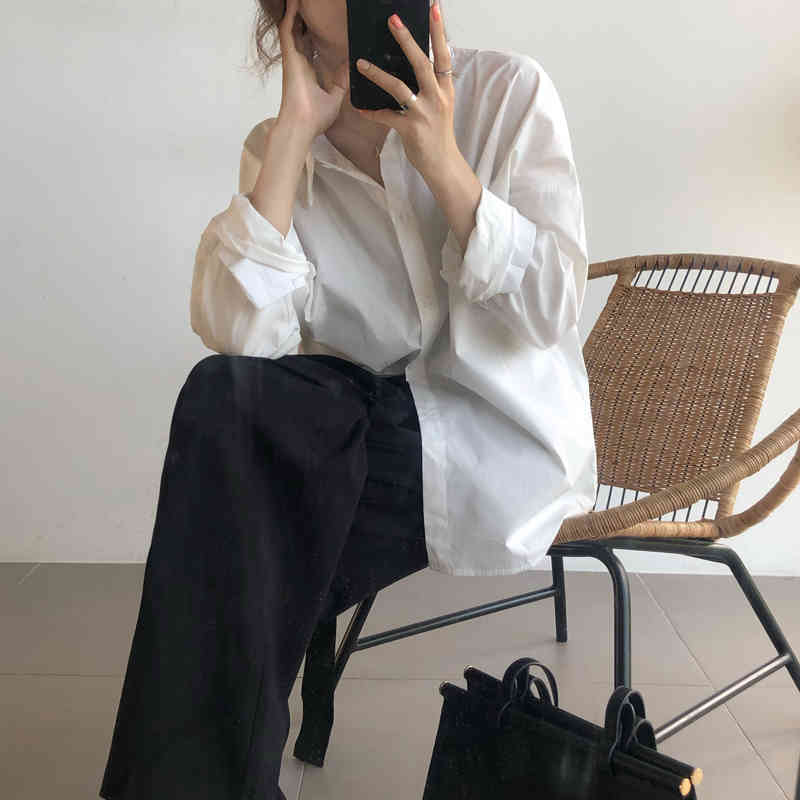 White Oversize Office Lady Loose Shirts Minimalist Solid Brief Chic Korean Stylish Lapel OL Arrival All Match Tops 210421