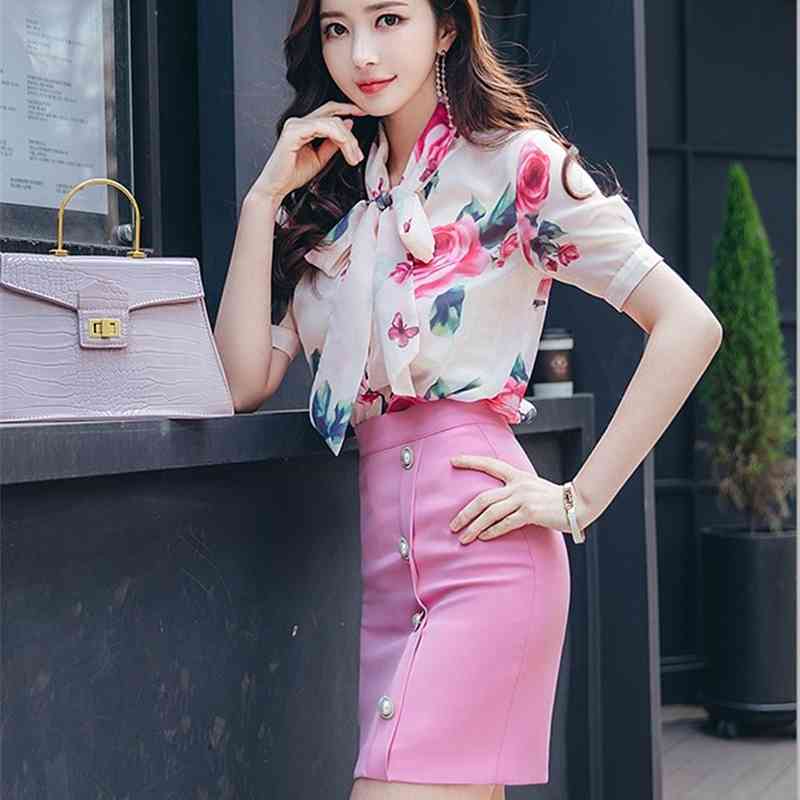 Korea Two Piece Set Women Elegant Fashion Short Sleeve Sweet Bowtie Flowers Chiffon Shirt Top + Pink Mini Skirt Suit 210519