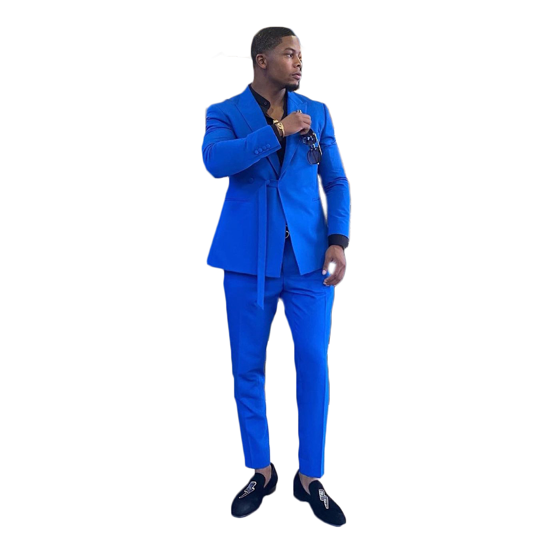 Royal Blue Groom Wedding Tuxedos Slim One Button Pants Suits Mens Prom Party Jacket Coat Formal Outfits 2 Pieces