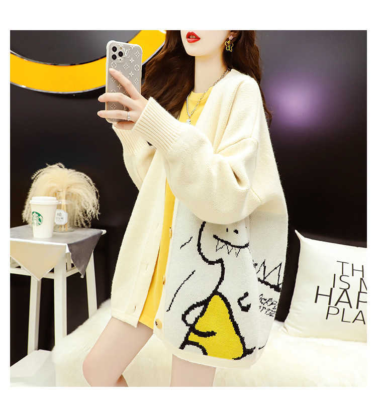 H.SA Korean Style Women Sweater Cardigans Cartoon Cute Dinosaur Jumpers Beige Black kawaii clothes Poncho Knit Jackets 210716