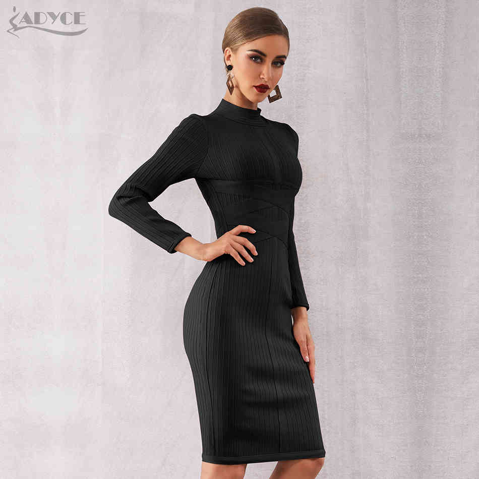 Winter Bodycon Bandage Dress Women Sexy Nude Black Long Sleeve Midi Club Celebrity Evening Runway Party Dresses 210423