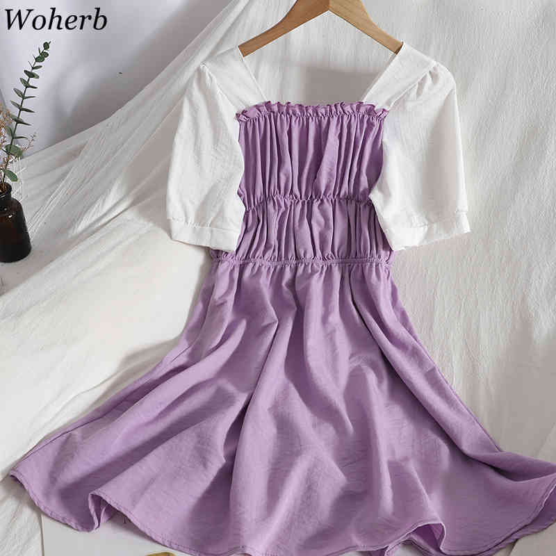 Pleated Slim Waist Dress Women Contrast Color Patchwork Short Sleeve Vestidos Korean Robe Square Neck Sweet Midi Dresses 210519