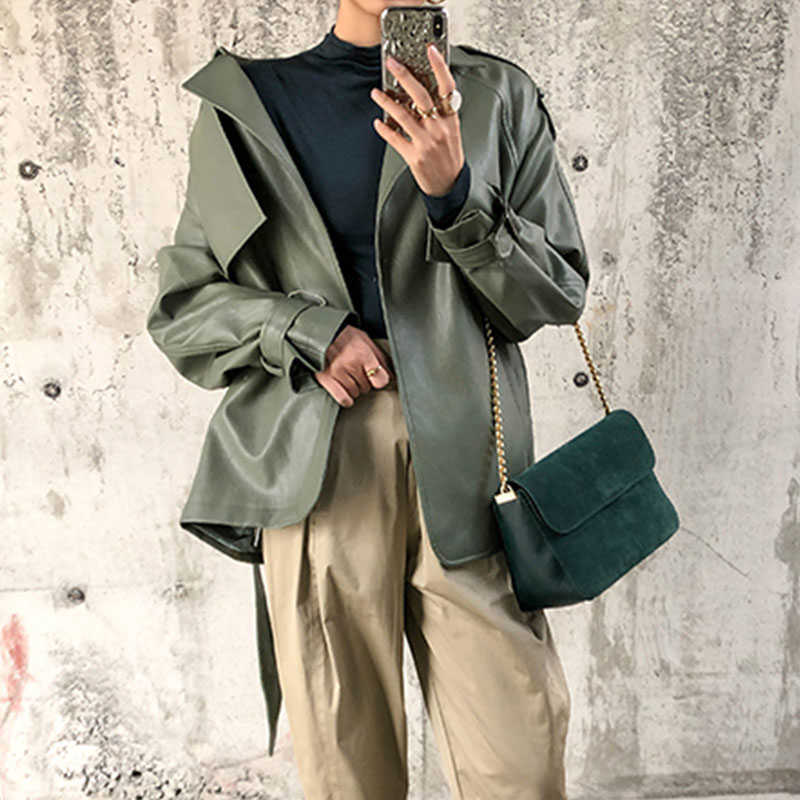 FTLZZ Spring Autumn Women Faux PU Leather Casual Streetwear Outwear Motorcycle Leather Jacket with Belt Green Biker Coat 210909