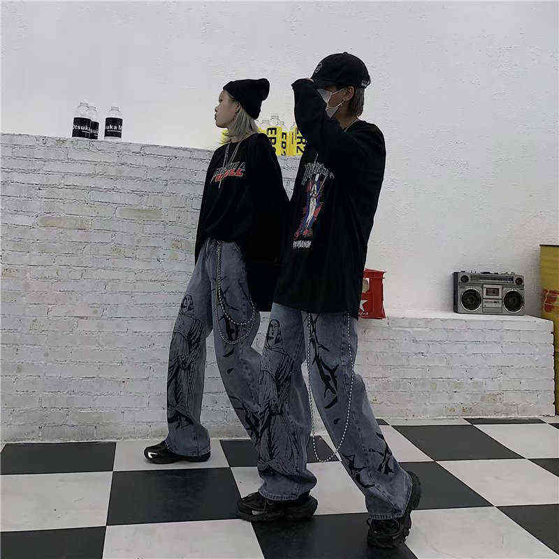Aolamegs Jeans Men Casual Print Baggy Homme Korean Retro Wide Leg Anime Denim Pant Harajuku Hip Hop Trousers 211111