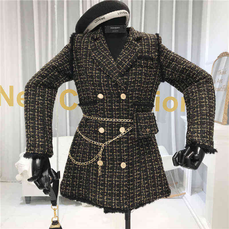 Gold thread Plaid Suit Coat Women Notched Double breasted Feather Tassel Trim Slim Tweed Jacket With Free Belt bag 211104
