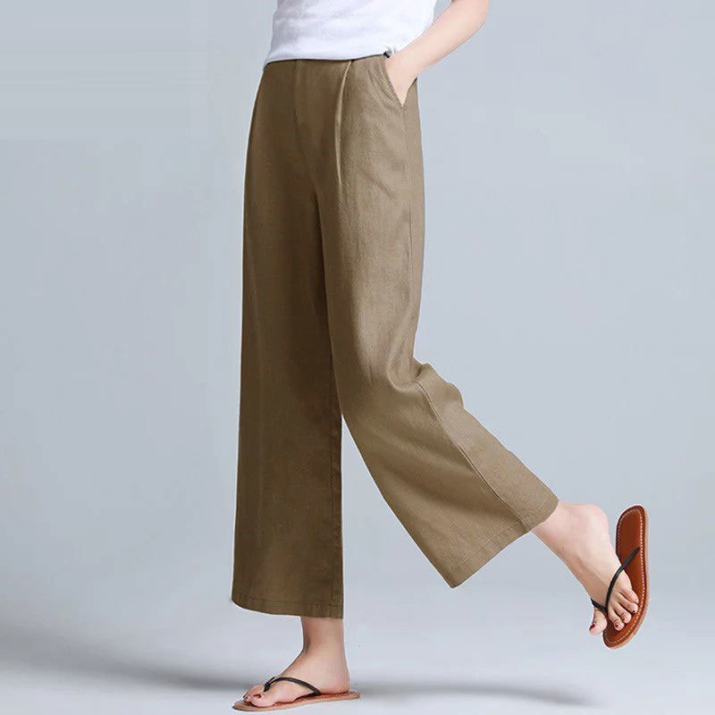 Summer Women Loose Ankle-length Pants Plus Size Elastic Waist Casual Wide Leg Solid Cotton Linen D56 210512