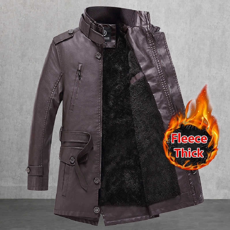 Oumor Men Leather Jacket Winter Long Coat Thick Fleece Men Outwear Warm Casual Motor Vintage PU Faux Leather Jacket Men 4xl 210603