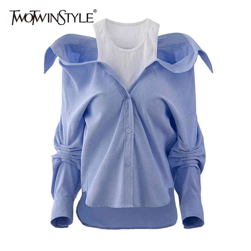 Hit Color Fake Two Piece Shirts For Women O Neck Off Shoulder Casual Loose Blouses Female Spring Fashion Style 210524, Blue
Hit Color Fake Two Piece Shirts For Women O Neck Off Shoulder Casual Loose Blouses Female Spring Fashion Style 210524, Blue