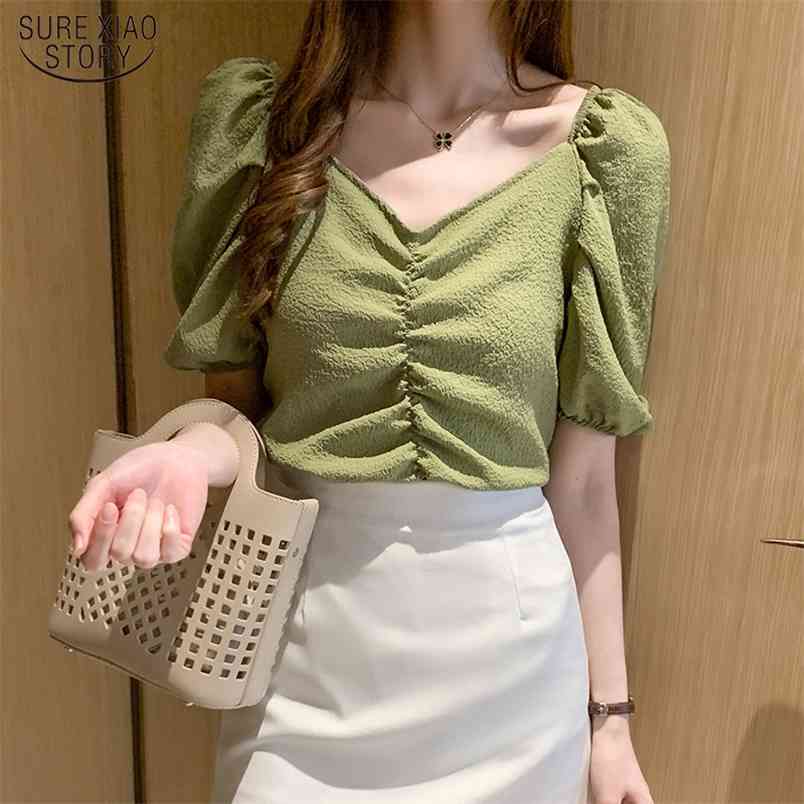 Solid V-neck Chiffon Blouse Blusas Mujer De Moda Korean Fashion Clothing Summer Ladies Tops White Shirt 9366 210506