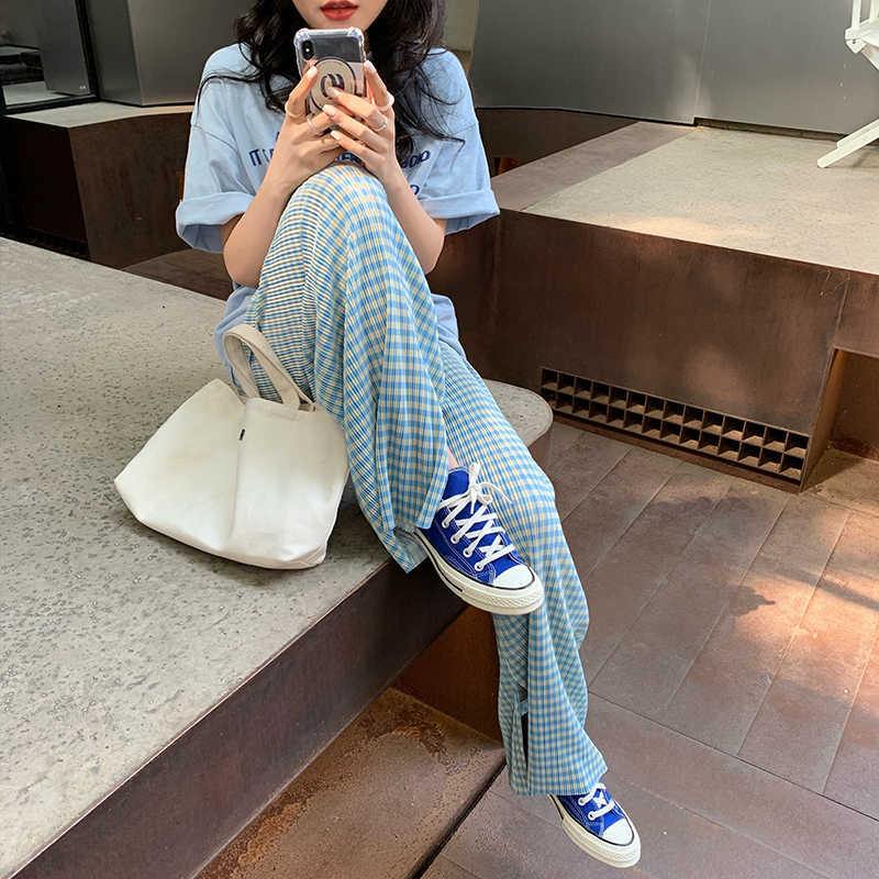 HziriP Blue Plaid Slit High Waist Draping Thin Loose Women Chic Fashion All-Match Straight Pleated Casual Mopping Pants 211115