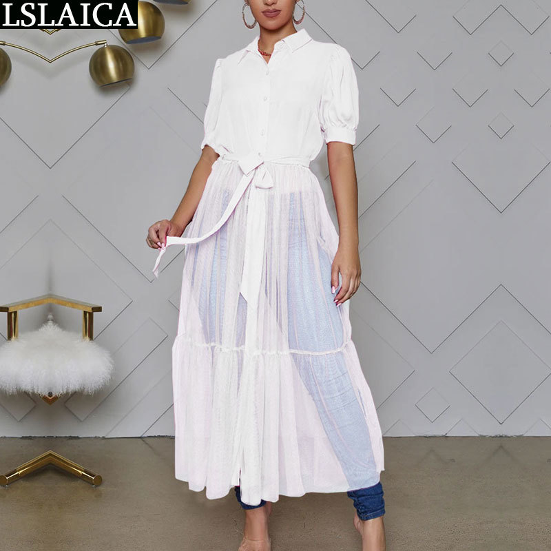 Women Blouses Party Solid Loose Holidays Patchwork Elegant Classy Turn Down Collar Wild Mesh Casual Midi 210520