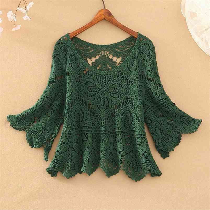 Small coat female crochet hollow five-point sleeve top sweater o neck knitted pullover 210805