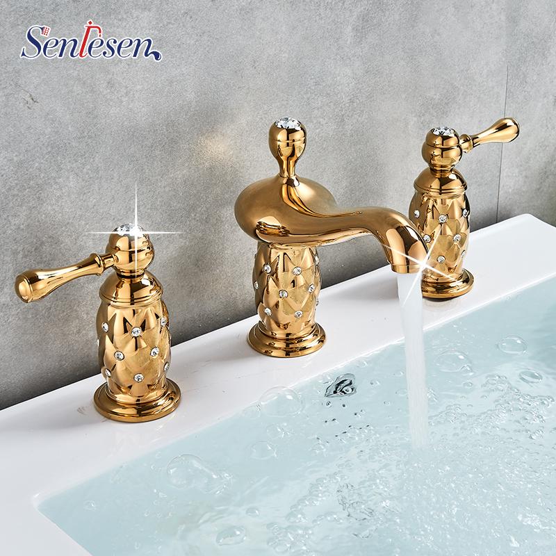 Bathroom Sink Faucets Basin Brass With Diamond Faucet Gold Mixer Tap Dual Handle & Cold Washbasin Torneiras Banheiro