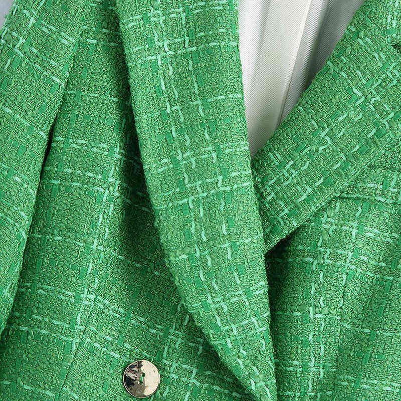 OneBling Za Simple Green Plaid Tweed Notched Double-Breasted Fitted Blazers Female England Style Short Coats Urban Outfits 211122