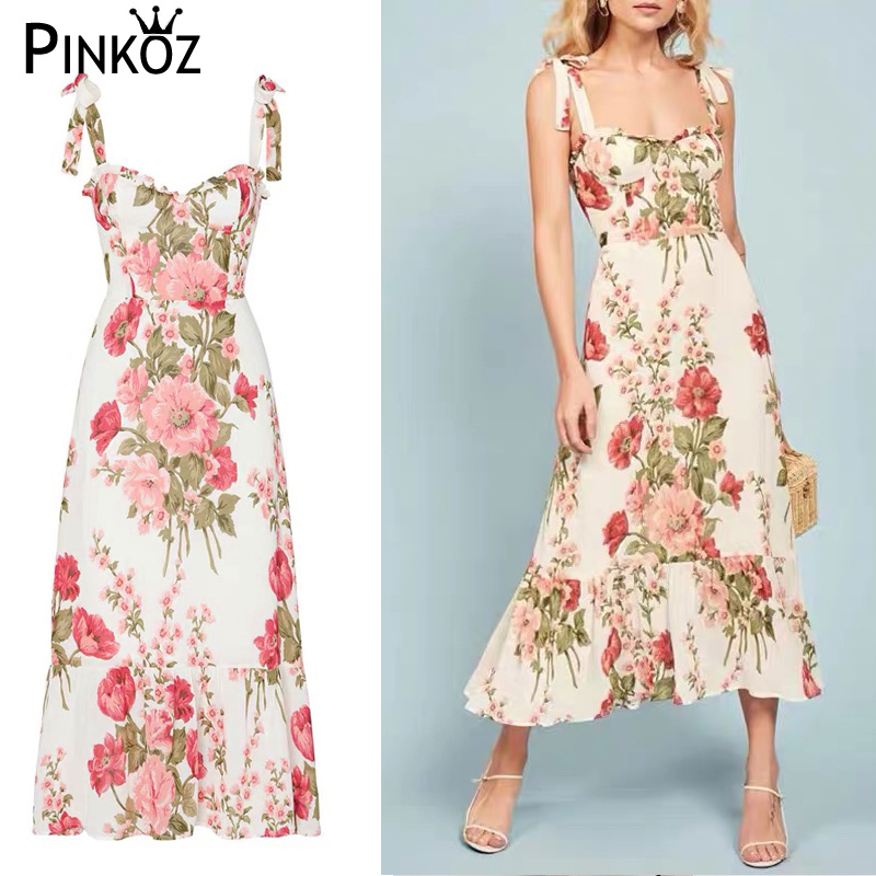 spaghetti strap midi dress ruched summer casual flower printed holiday floral kleid camisole plus size túnicas mujer 2XL 210421