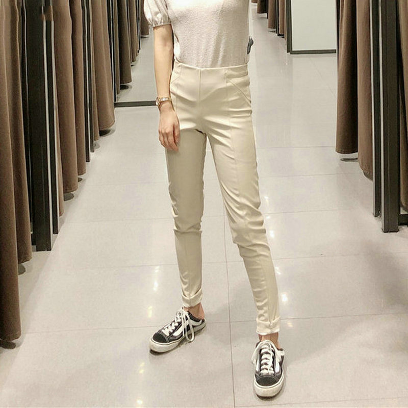 black white skinny PU leather pants women stretch pencil female autumn winter zipper long trousers 210521