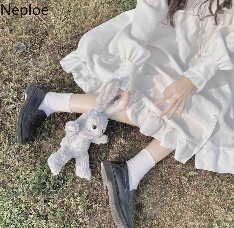 Neploe Japanese White Lolita Dress Women Peter Pan Collar Sweet Kawaii Vestidos Mujer Lantern Long Sleeve Loose Cute Dresses 210422