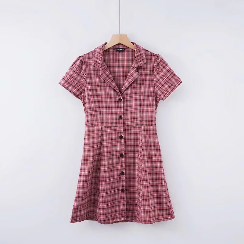 vintage cotton red plaid dress women Korean kawaii button office mini female casual short sleeve sexy vestidos 210521