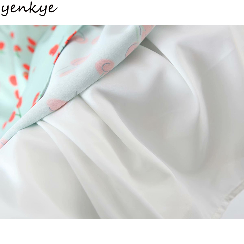 YENKYE Sexy Sling Summer Beach Dress Women Sweet Cherry Print Dress Female Backless Sleeveless V Neck A-line Satin Short Robe 210515