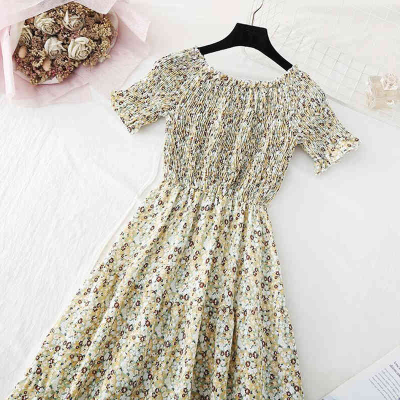 Floral Summer Dress Woman Slash Neck Off Shoulder Party Slim A-line Robe Vestidos High Waist Elegant Ruffles Midi Dress 210521