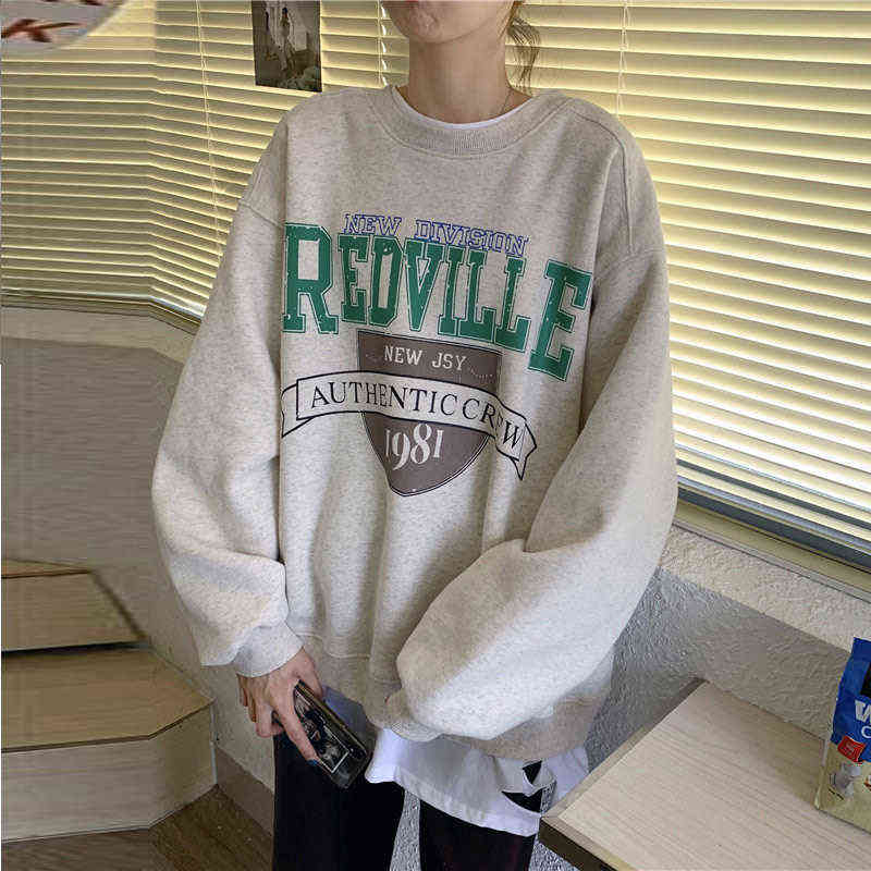 Women Letter Embroidery Crewneck Sweatshirt Girls Autumn Winter Oversized Streetwear Korean Style Casual Student Pullover 211108