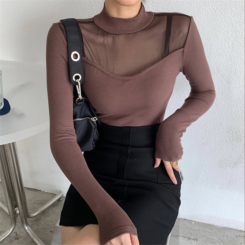 Plus Size Female Turtleneck Solid Basic Women All Match Brief Tops Full Sleeves Patchwork Lace T-Shirts 210421