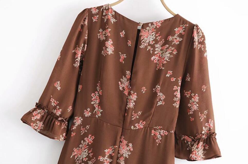 Spring Women BOHO Coffee Flower Print Short Dress Sexy Ladies Spliced Wood ears Ruffle Flare Sleeve Back Slit Dresses 210429