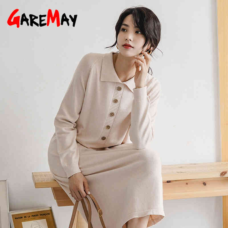 Autumn Women's Dress Office Casual Long Sleeve Maxi Sweater Oversize Turndown Elegant Knitted 210428
