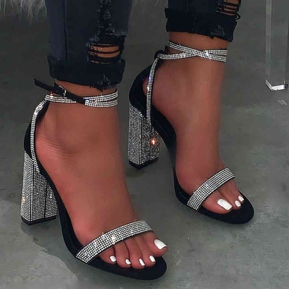 Glitter Rhinestones Block Women Heel Sandals Female Open Toe Party Cocktail Dress Shoes Crystal Ankle Strap High Heel Sandal Y0331