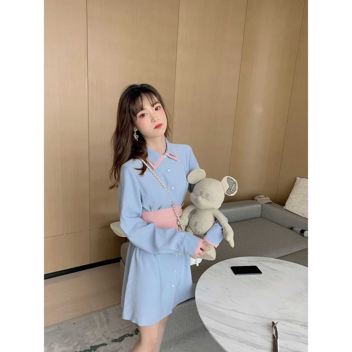 Women's Sprint Autumn Fashion Korean Academy Waist Thin Shirt Dress Lady Vintage Long Sleeve Vestidos De Mujer R206 210527