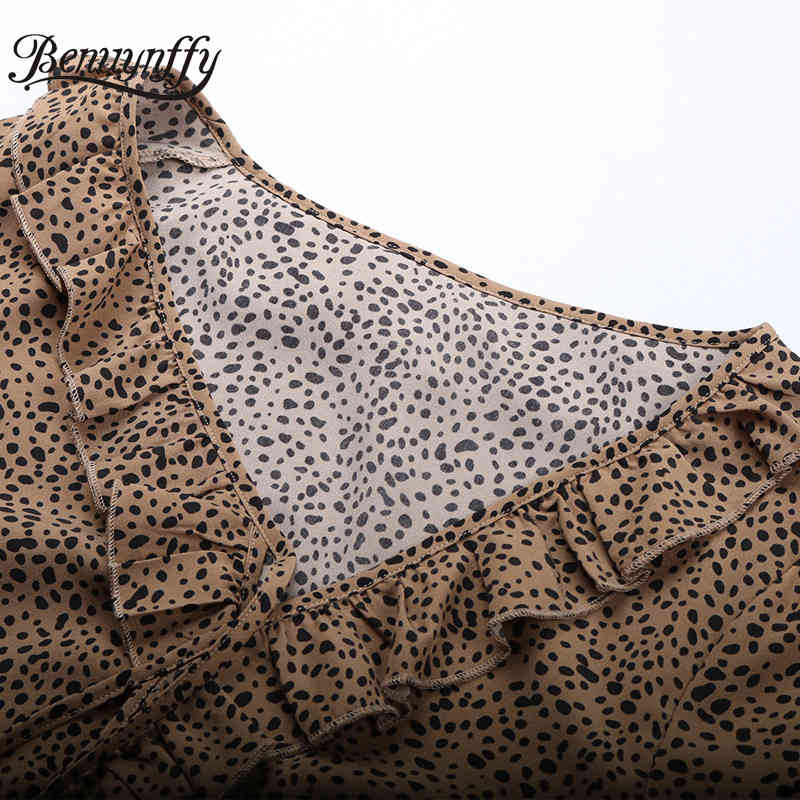 V-neck Lace up Ruffle Trim Print Blouse Women Spring Summer Long Sleeve Female Casual Loose Chiffon 210510