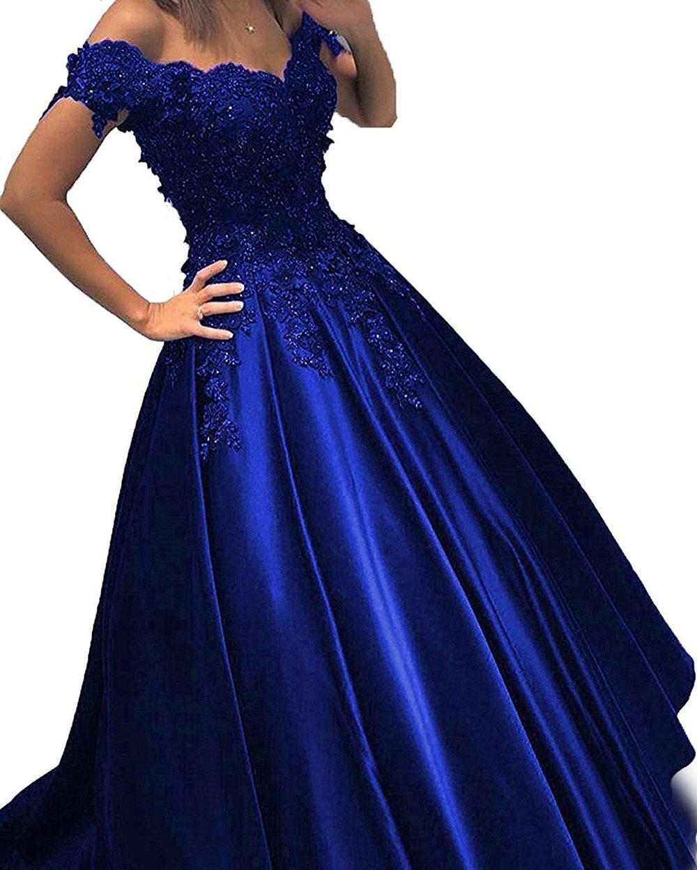 2021 New Royal Blue Ball Gown Cheap Prom Dress Off the shoulder Lace 3D Flowers Beaded Corset Back Satin Evening Formal Dresses Gowns New