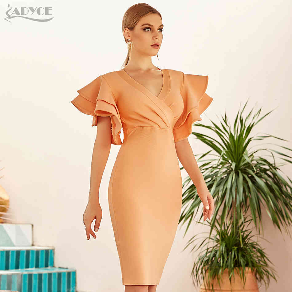 Summer Women Short Sleeve Bodycon Bandage Dress Sexy V Neck Ruffles Club Celebrity Evening Runway Party Dresses 210423