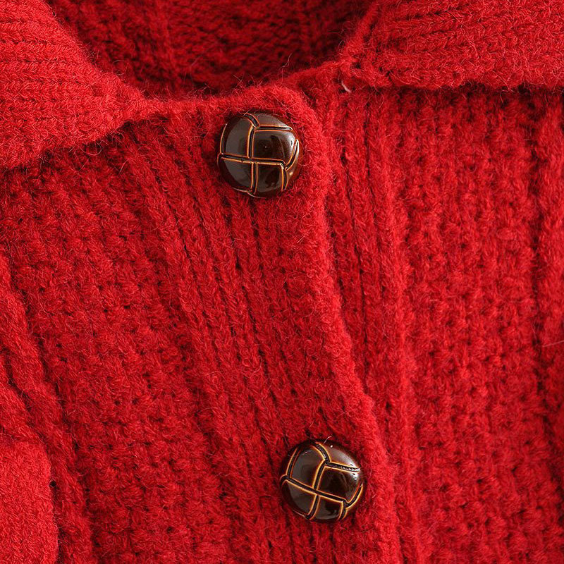 Korean Style Lapel Long Sleeve Single Breasted Slim Knit Women's Sweater Harajuku College Style Stylish Red Chic Female Cardigan 210507