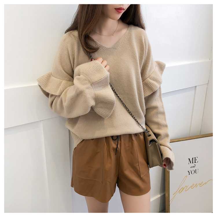H.SA Women Korean Oversized Sweater and Pullovers V neck Ruffles Butterfly Sleeve Harajuku Chic Sweater Jumpers casaco feminino 210716