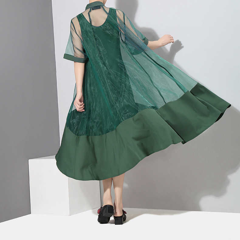 European and American Large Size Dress Summer Mesh Green Two-Piece Loose Long es 210615Z