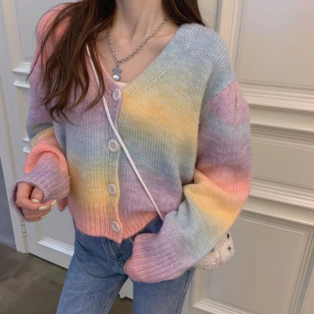 spring all-match V-neck breasted rainbow color short knitted cardigan jacket women 210525, Pink
spring all-match V-neck breasted rainbow color short knitted cardigan jacket women 210525, Pink