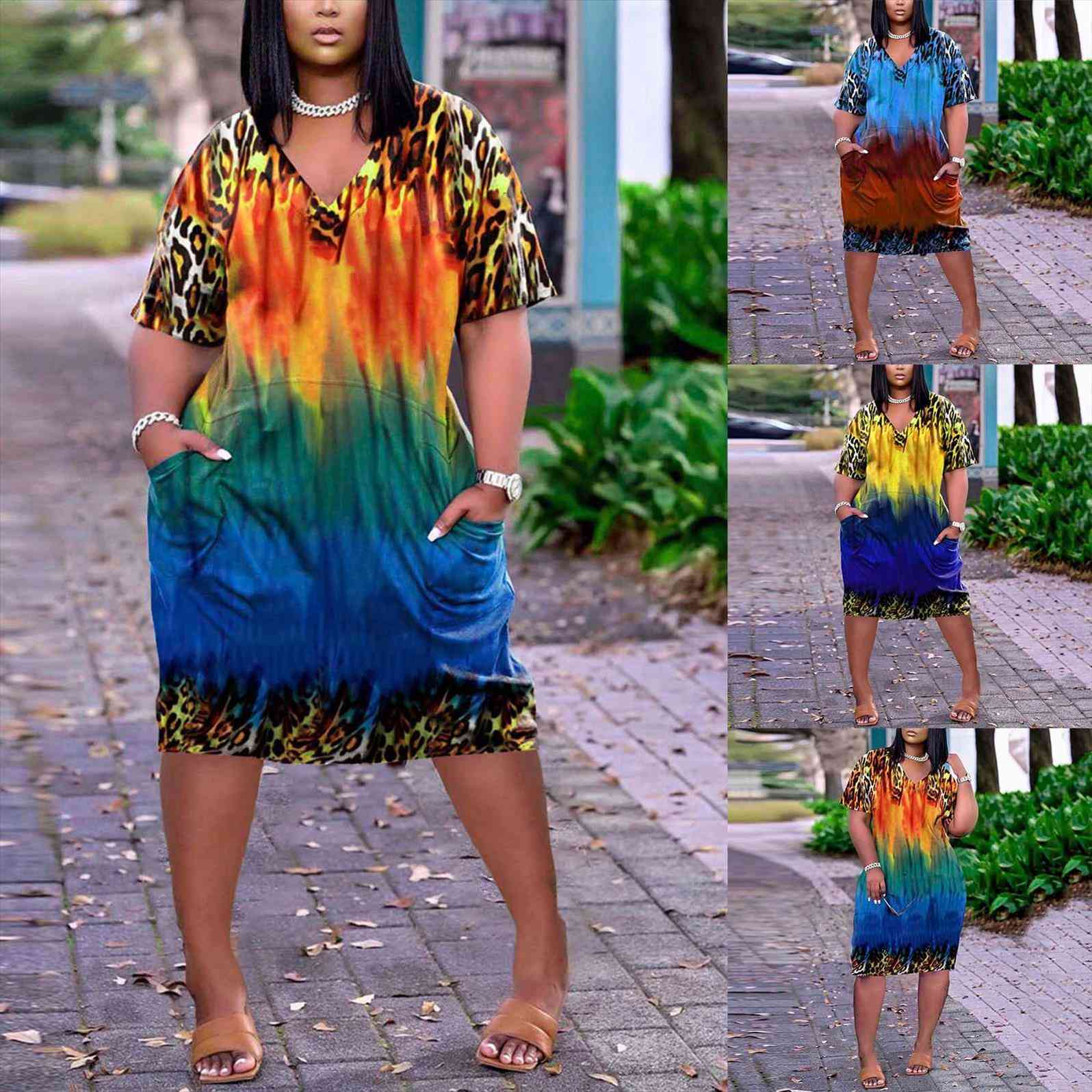 summer casual colorful leopard womens dress print gradient short sleeve comfty loose v neck chic pocket plus size dresses, Black;gray
summer casual colorful leopard womens dress print gradient short sleeve comfty loose v neck chic pocket plus size dresses, Black;gray